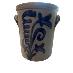 Vtg German Salt Glazed Pottery Canister Cobalt Blue Handles Westerwald Artisan